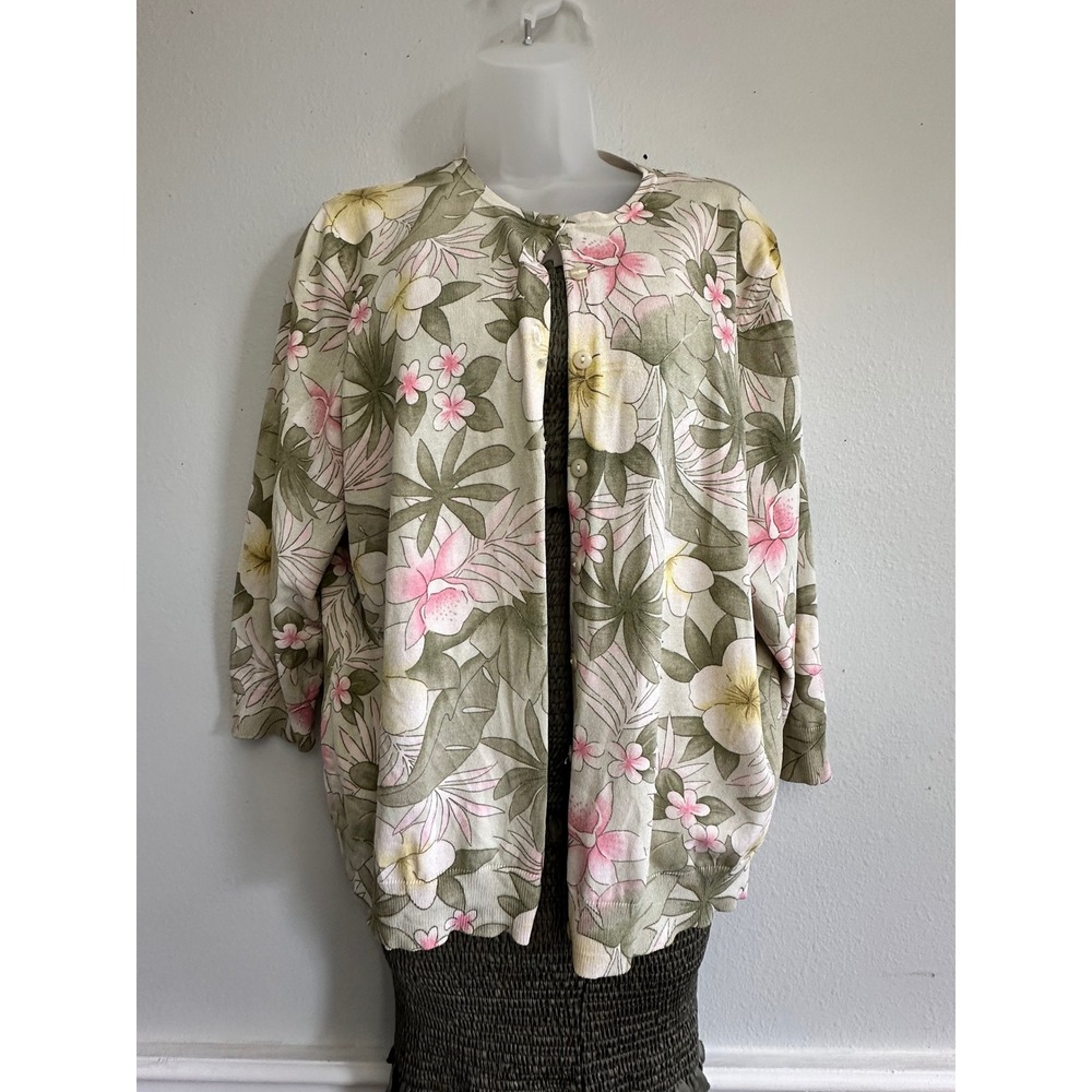 Pendleton Silk Blend Tropical Floral Cardigan Sweater Green Pink Plus 1X